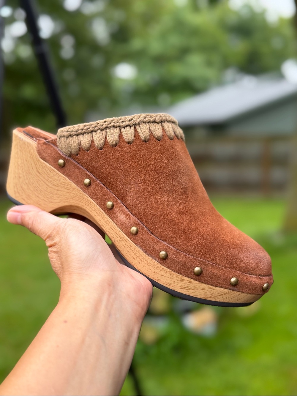 Antelope Hedy Taupe Suede Whipstitch Wooden Slip On Clog Size 36 US 5.5